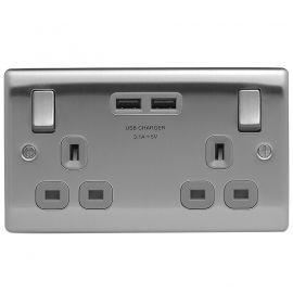 Nexus 2 Gang Switched Socket 2 Usb Brushed Stainless Steel